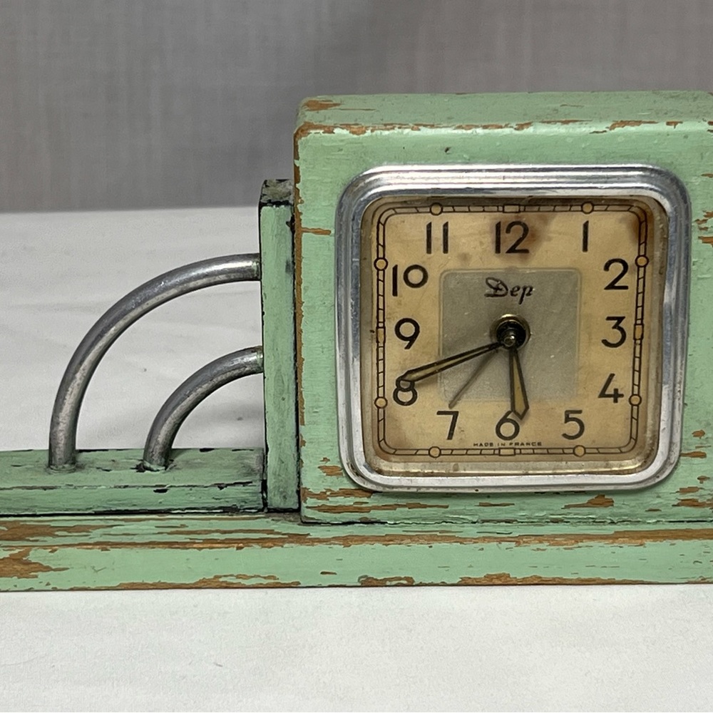 Very Rare DEP Paris France Art Deco Antique Table Clock paint Teak Wood vintage